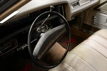 Photo of the interior of an old car