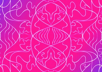 Hand-drawn abstract seamless ornament. Neon gradient (plastic pink to proton purple) background and glowing pattern on it. Cloth texture. Digital artwork, A4. (pattern: p02-1a)