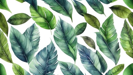 Tropical seamless pattern with leaves, Watercolor background with tropical leaves, Green tropical leaves on white background.