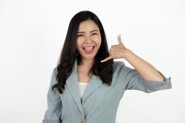 Surprise asian beautiful woman using smartphone isolated on white background.