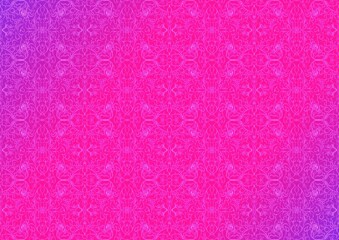 Hand-drawn abstract seamless ornament. Neon gradient (plastic pink to proton purple) background and glowing pattern on it. Cloth texture. Digital artwork, A4. (pattern: p07-1c)
