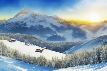 AI-generated Image Of Ski Sliders On A Slope In The Alps Watercolor Landscape