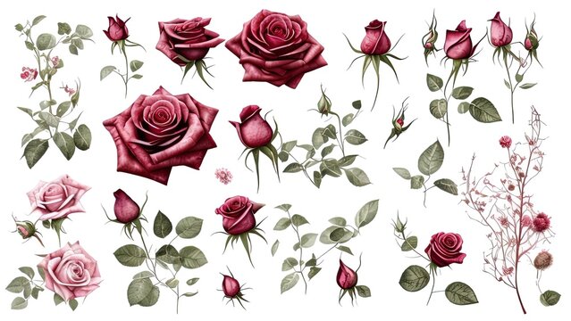 Floral elements. Flower red, burgundy, navy blue rose, green leaves.  Botanic illustration isolated on white background.
