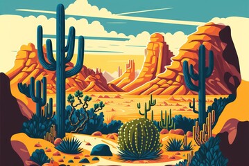 Desert Arizona landscape, dry cactus valley with intense orange dusty heat haze and clouds, sandstone cliffs and distant mountains and rock formations - Generative Ai