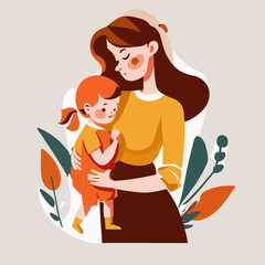 Happy Mother's Day, Mom hug lovely Baby floral background Vector Flat Style