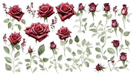 painted flowers and leaves, red flower on white background. Botanic illustration isolated on white background.