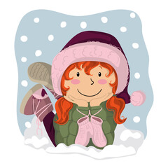 Illustration of a girl dressed in winter clothes lying in the snow, smiling