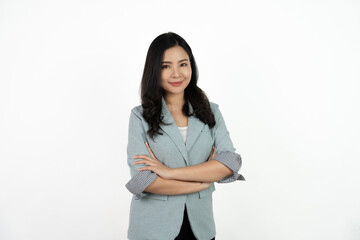 Young asian business woman smiling to camera standing pose on isolated white background.