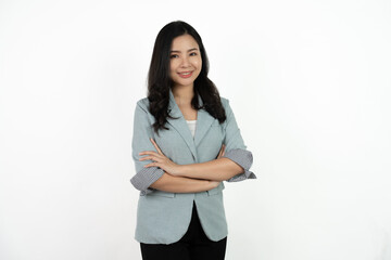 Young asian business woman smiling to camera standing pose on isolated white background.