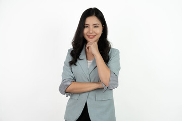 Young asian business woman smiling to camera standing pose on isolated white background.