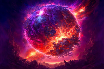 Obraz na płótnie Canvas planet in fire, exploding planet in space, fictional planet exploding, purple red planet explosion, digital, illustration