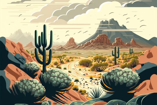 Desert Arizona Landscape, Dry Cactus Valley With Intense Orange Dusty Heat Haze And Clouds, Sandstone Cliffs And Distant Mountains And Rock Formations - Vector Cartoon Stylized Art.  