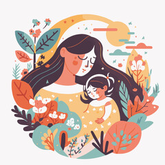 Obraz na płótnie Canvas Happy Mother's Day, Mom hug lovely Baby floral background Vector Flat Style
