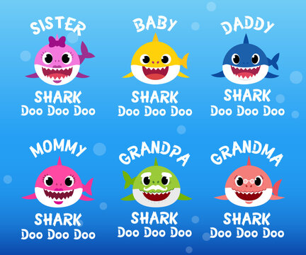 Set of Baby Shark Birthday Illustrations. happy child party in ocean style. Cartoon sharks characters.