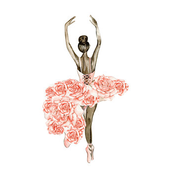 Watercolor dancing ballerina composition with flowers.Pink pretty ballerina. Watercolor hand draw illustration. Can be used for cards or posters. With white isolated background. Illustration
