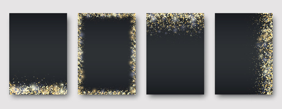 Banners with golden shiny confetti on black. Vector flyer templates for wedding, invitation cards, business brochure design, certificates.