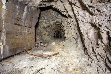 Old iron gold mine underground tunnel