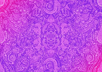 Hand-drawn abstract seamless ornament. Neon gradient (plastic pink to proton purple) background and glowing pattern on it. Cloth texture. Digital artwork, A4. (pattern: p01a)