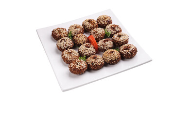 Studio shot of an arab dish falafel on a square white plate
