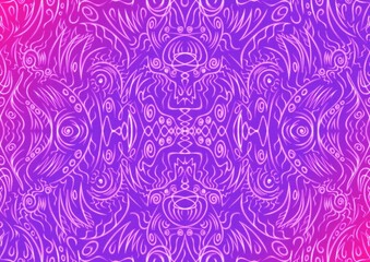Hand-drawn abstract seamless ornament. Neon gradient (plastic pink to proton purple) background and glowing pattern on it. Cloth texture. Digital artwork, A4. (pattern: p03a)