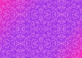Hand-drawn abstract seamless ornament. Neon gradient (plastic pink to proton purple) background and glowing pattern on it. Cloth texture. Digital artwork, A4. (pattern: p03b)