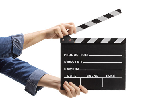 Male hands holding a clapper board