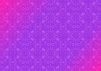 Hand-drawn abstract seamless ornament. Neon gradient (plastic pink to proton purple) background and glowing pattern on it. Cloth texture. Digital artwork, A4. (pattern: p07-1c)