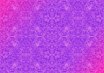 Hand-drawn abstract seamless ornament. Neon gradient (plastic pink to proton purple) background and glowing pattern on it. Cloth texture. Digital artwork, A4. (pattern: p07-2b)
