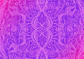 Hand-drawn abstract seamless ornament. Neon gradient (plastic pink to proton purple) background and glowing pattern on it. Cloth texture. Digital artwork, A4. (pattern: p09a)