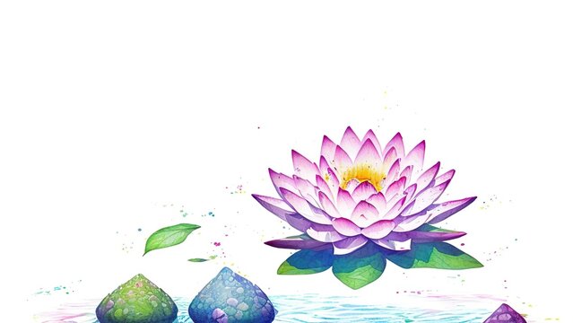 Watercolor hand-drawn pink flower lotus isolated on white background, Traditional oriental ink painting.