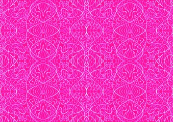 Hand-drawn abstract seamless ornament. Neon pink (plastic pink) background and glowing pattern on it. Cloth texture. Digital artwork, A4. (pattern: p02-2b)