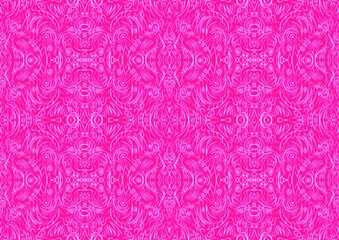 Hand-drawn abstract seamless ornament. Neon pink (plastic pink) background and glowing pattern on it. Cloth texture. Digital artwork, A4. (pattern: p03b)