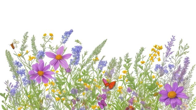 Seamless border of wildflowers and herbs, A picturesque colorful artistic image with a soft focus.