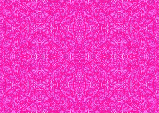 Hand-drawn abstract seamless ornament. Neon pink (plastic pink) background and glowing pattern on it. Cloth texture. Digital artwork, A4. (pattern: p03b)