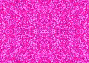 Hand-drawn abstract seamless ornament. Neon pink (plastic pink) background and glowing pattern on it. Cloth texture. Digital artwork, A4. (pattern: p06a)