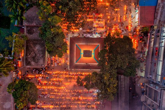 Aerial view of people praying and worshipping at Sri Bramhachar temple for Hindu fasting festival, Sonargaon, Bangladesh.