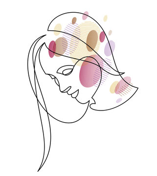 recommend clip art: Beautiful face of attractive woman vector linear drawing, sensitive emotional line art adult girl portrait, feminine abstract face line art.