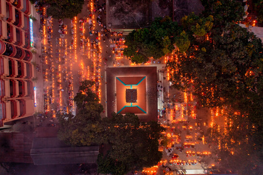 Aerial view of people praying and worshipping at Sri Bramhachar temple for Hindu fasting festival, Sonargaon, Bangladesh.