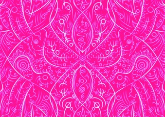 Hand-drawn abstract seamless ornament. Neon pink (plastic pink) background and glowing pattern on it. Cloth texture. Digital artwork, A4. (pattern: p08-2a)