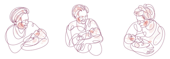 Grandmother and baby child grandson or granddaughter vector linear illustration isolated, grandma holding baby showing love and care.