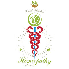Pharmacy Caduceus icon, vector medical logo for use in holistic medicine, rehabilitation or pharmacology. Homeopathy creative symbol composed with mortar and pestle.