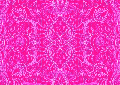Hand-drawn abstract seamless ornament. Neon pink (plastic pink) background and glowing pattern on it. Cloth texture. Digital artwork, A4. (pattern: p09a)