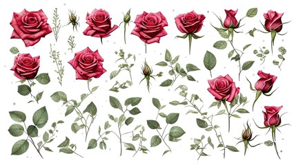 illustration isolated on white background, green leaves. Set watercolor elements of roses collection garden red.