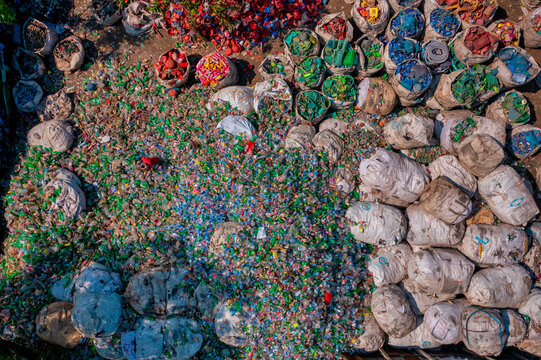Aerial view of a person working in a plastic Waste treatment plant, Dhaka, Bangladesh.