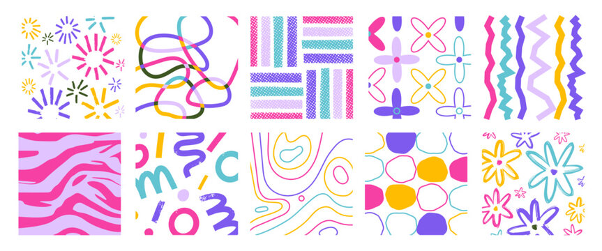 Cute doodle textures. Abstract hipster decorative shapes, creative contemporary patterns, kids colored curves and stripes, scrible flowers. Decor textile, wrapping swanky vector set