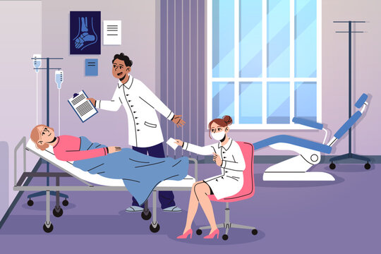 Doctor examination. Patient visit, good medical prognosis, hospital office, woman lying couch, treatment and recovery, clinic interior, cartoon flat characters, tidy vector isolated concept