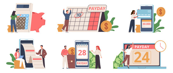 Payday people. Paycheck happy day, employees rejoice, calendar date, loans repayment and debts, investment income, tax and credit payment, flat tiny characters, nowaday vector financial set