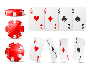 Realistic casino chips and aces. Red game tokens and playing cards, different suits, various viewing angle, poker gambling, aces hearts and spades, clubs and diamonds, utter vector set