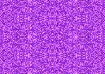 Hand-drawn abstract seamless ornament. Neon purple (proton purple) background and glowing pink pattern on it. Cloth texture. Digital artwork, A4. (pattern: p03b)