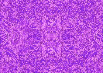 Hand-drawn abstract seamless ornament. Neon purple (proton purple) background and glowing pink pattern on it. Cloth texture. Digital artwork, A4. (pattern: p04a)